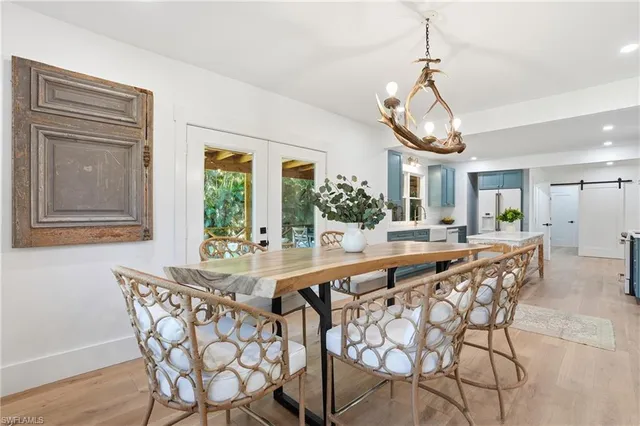 a large dining space with furniture window and wooden floor