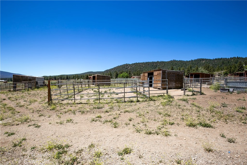 10960 Steinhoff Road Frazier Park, CA 93225 - Photo 18 of 46 A broad ground-level perspective capturing the rustic charm of the ranch. This shot showcases a stretch of open natural terrain leading up to fenced horse shelters and pens, perfectly framed by mature trees and a clear blue sky.