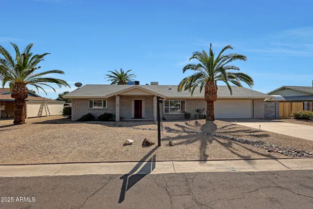 a front view of house with yard and palm tree