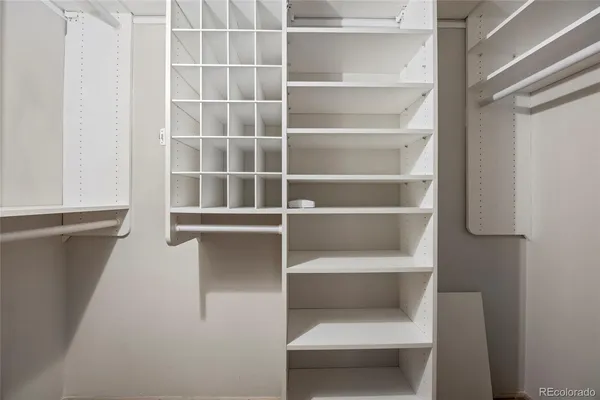 a room with walk in closet and empty racks