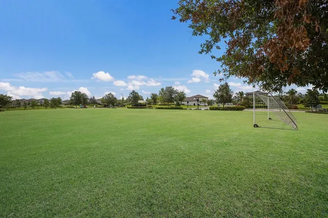 a view of a swimming pool with lawn chairs