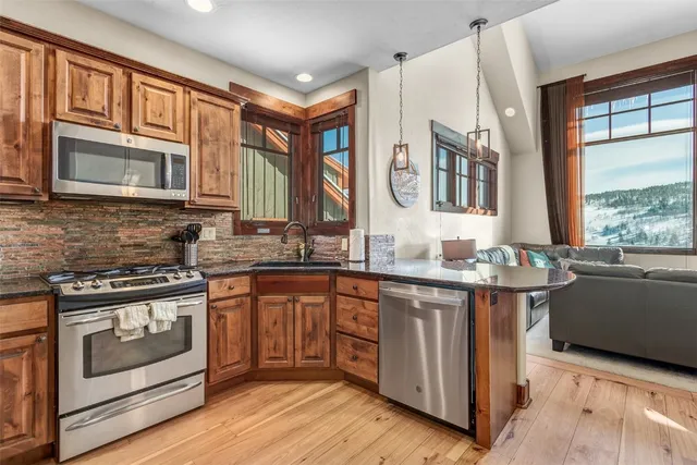 a kitchen with stainless steel appliances granite countertop a stove a sink and a microwave