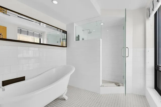a bathroom with a bathtub and a shower