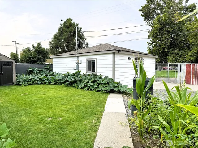 a view of a backyard with plants and a patio
