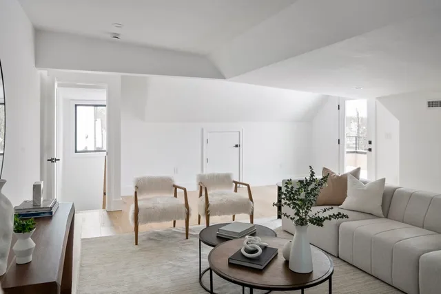 a living room with furniture and a potted plant