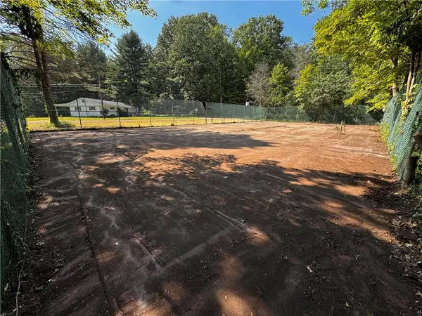 a view of a green yard with trees