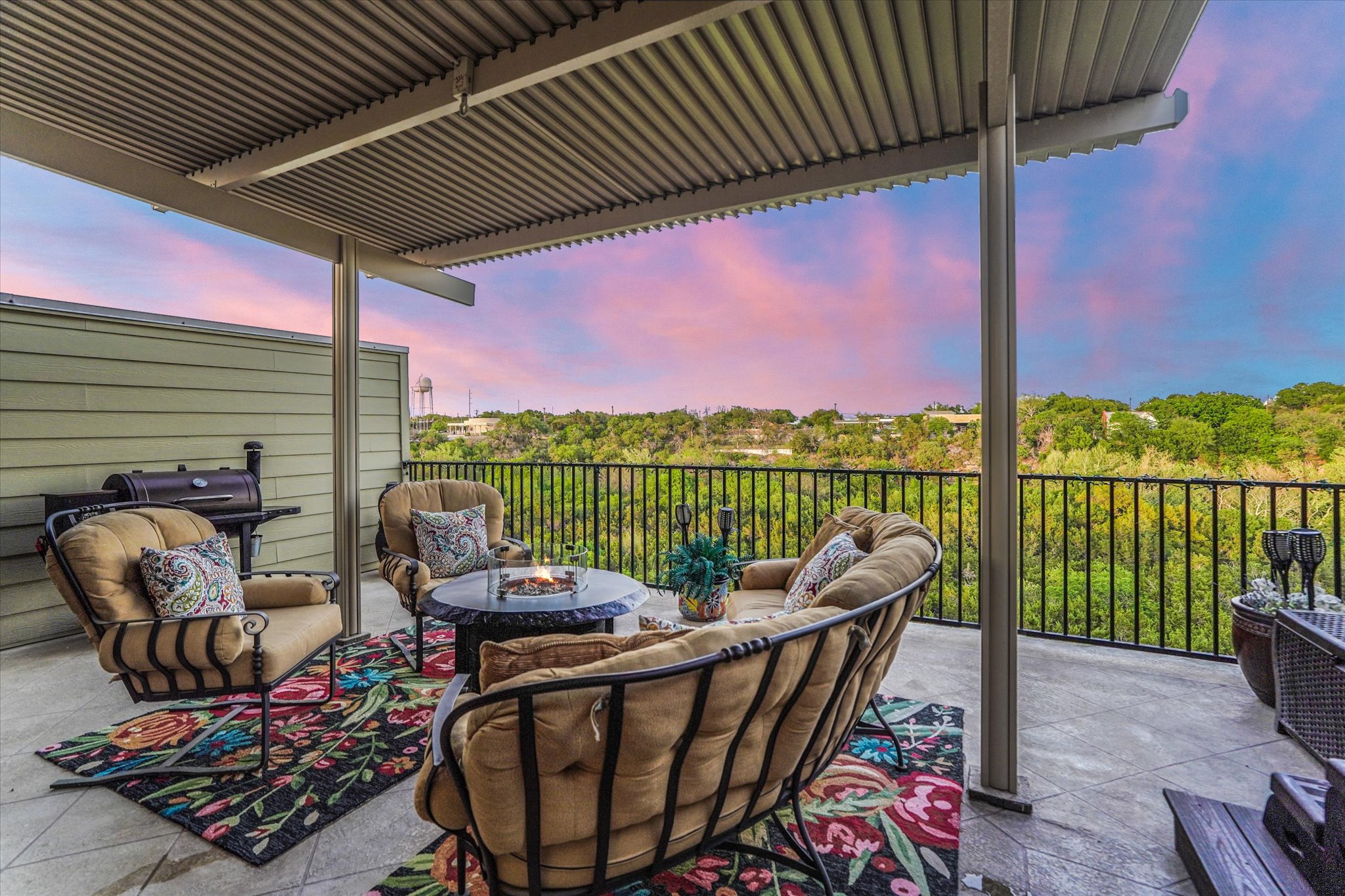 309 Adams Street Georgetown, TX 78628 - Photo 1 of 30 Patio terrace at dusk featuring an outdoor living space with a fire pit, a patio, grilling area, and a pergola