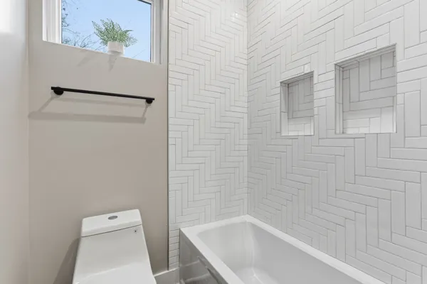 a bathroom with a bathtub