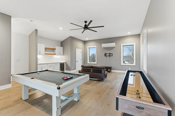 a living room with furniture and a table