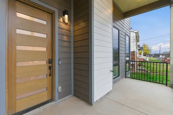 a view of a porch with a door