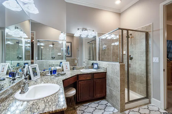 a bathroom with a granite countertop sink mirror and shower