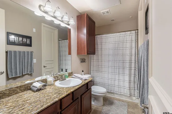 a bathroom with a granite countertop sink a toilet and shower