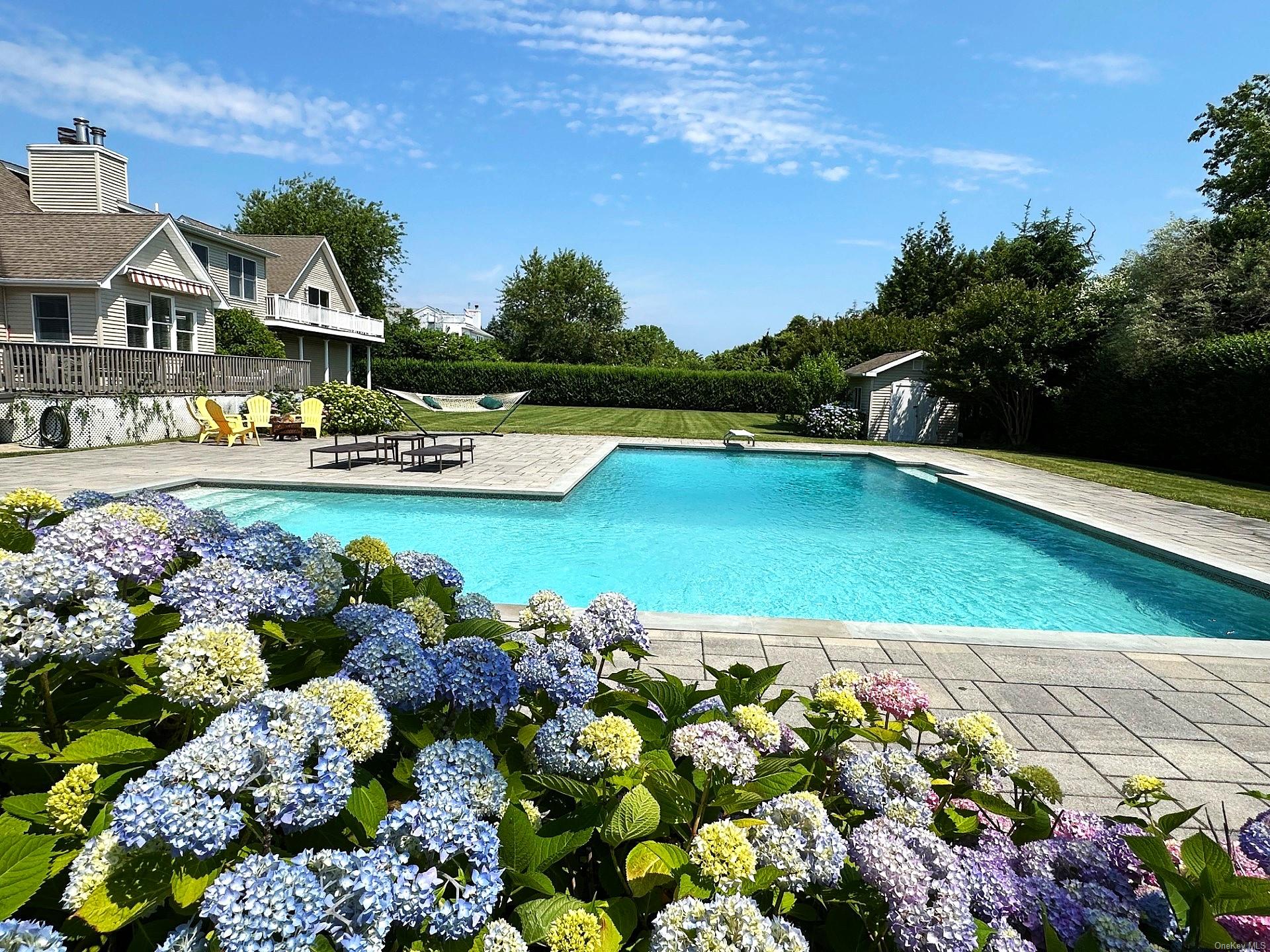 a view of swimming pool with outdoor seating and garden