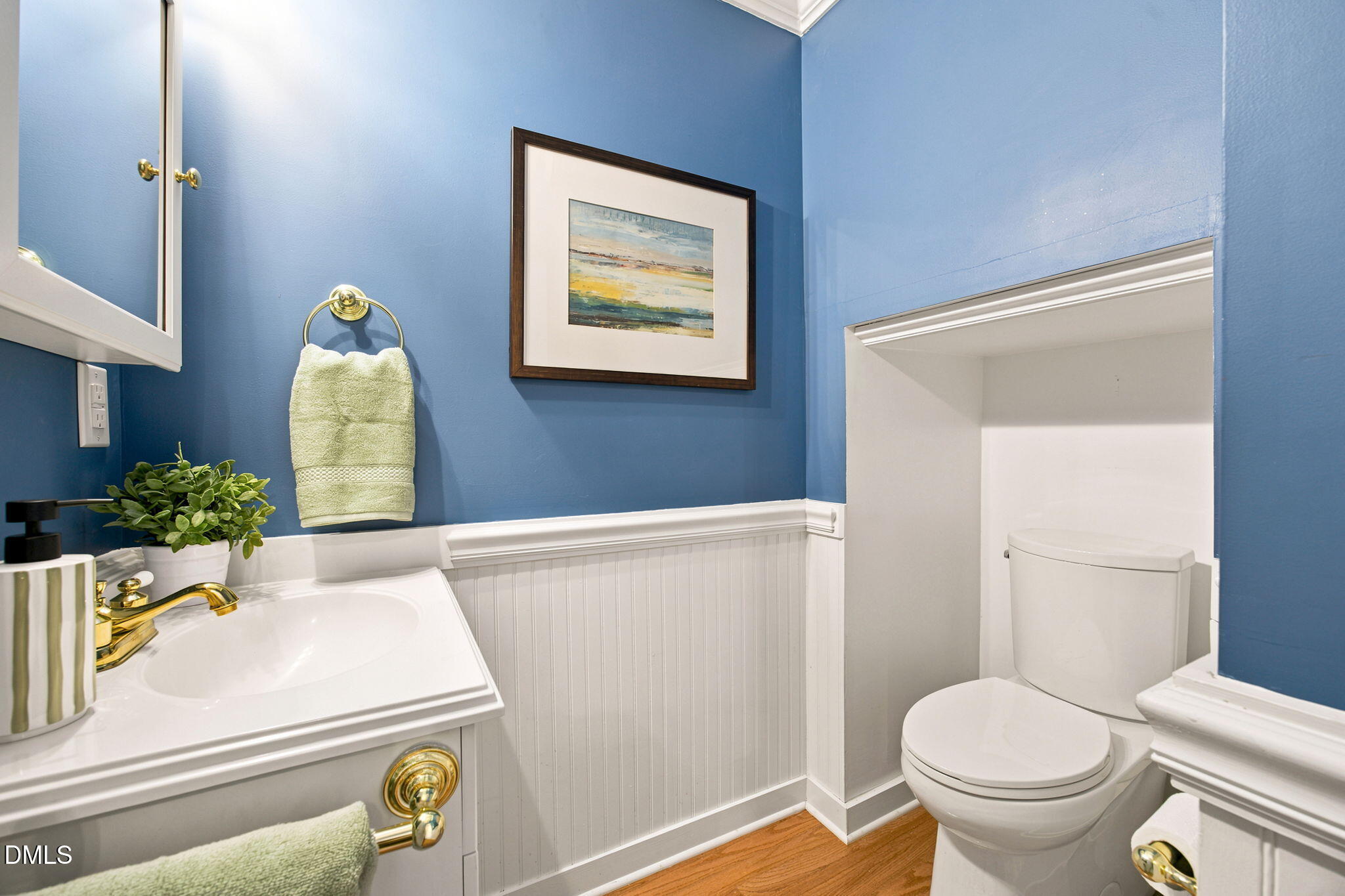 8211 Hempshire Place, Unit 104 Raleigh, NC 27613 - Photo 28 of 34 Powder room featuring a white beadboard wainscoting, blue painted walls, wood-finish flooring, a built-in toilet nook, and a white vanity with a basin sink and gold-finish faucet