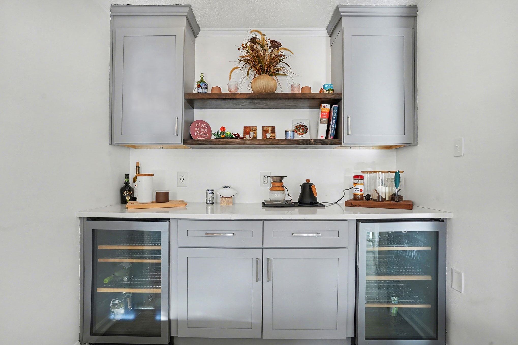 317 Jay Street Murrells Inlet, SC 29576 - Photo 13 of 36 Indoor dry bar with gray cabinetry, open shelves, and wine cooler