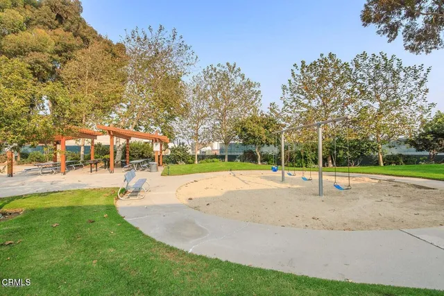 a view of a park with large trees