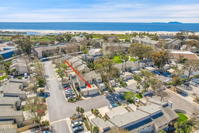 a aerial view of a house with a yard and potted plants