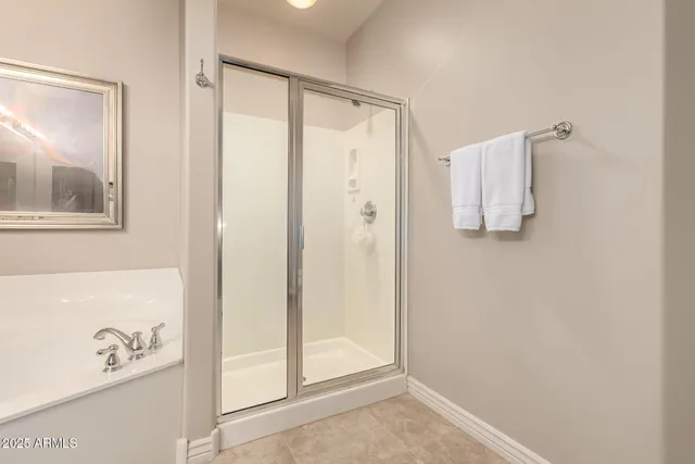 a bathroom with a shower and a sink