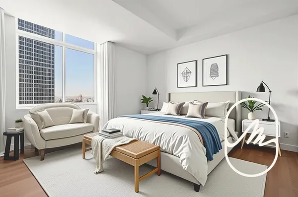 a spacious bedroom with a bed and a couch