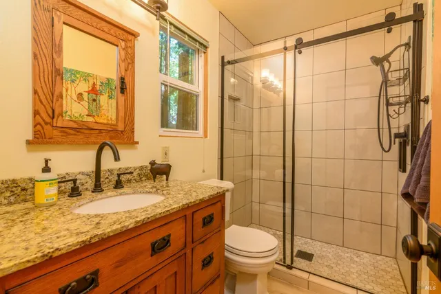 a bathroom with a granite countertop sink toilet and shower