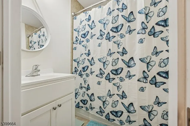 a bathroom with a shower curtain