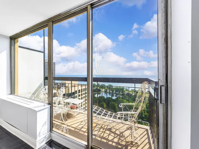 a view of a glass door with a from a window
