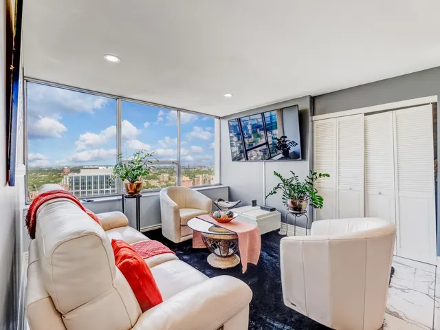 a living room with furniture and a potted plant