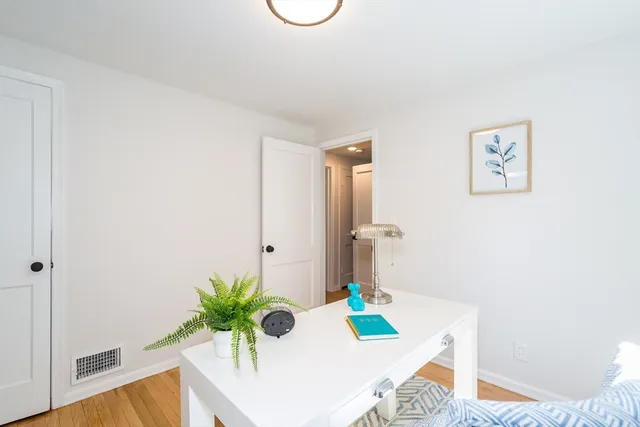 a white room with a table and a potted plant