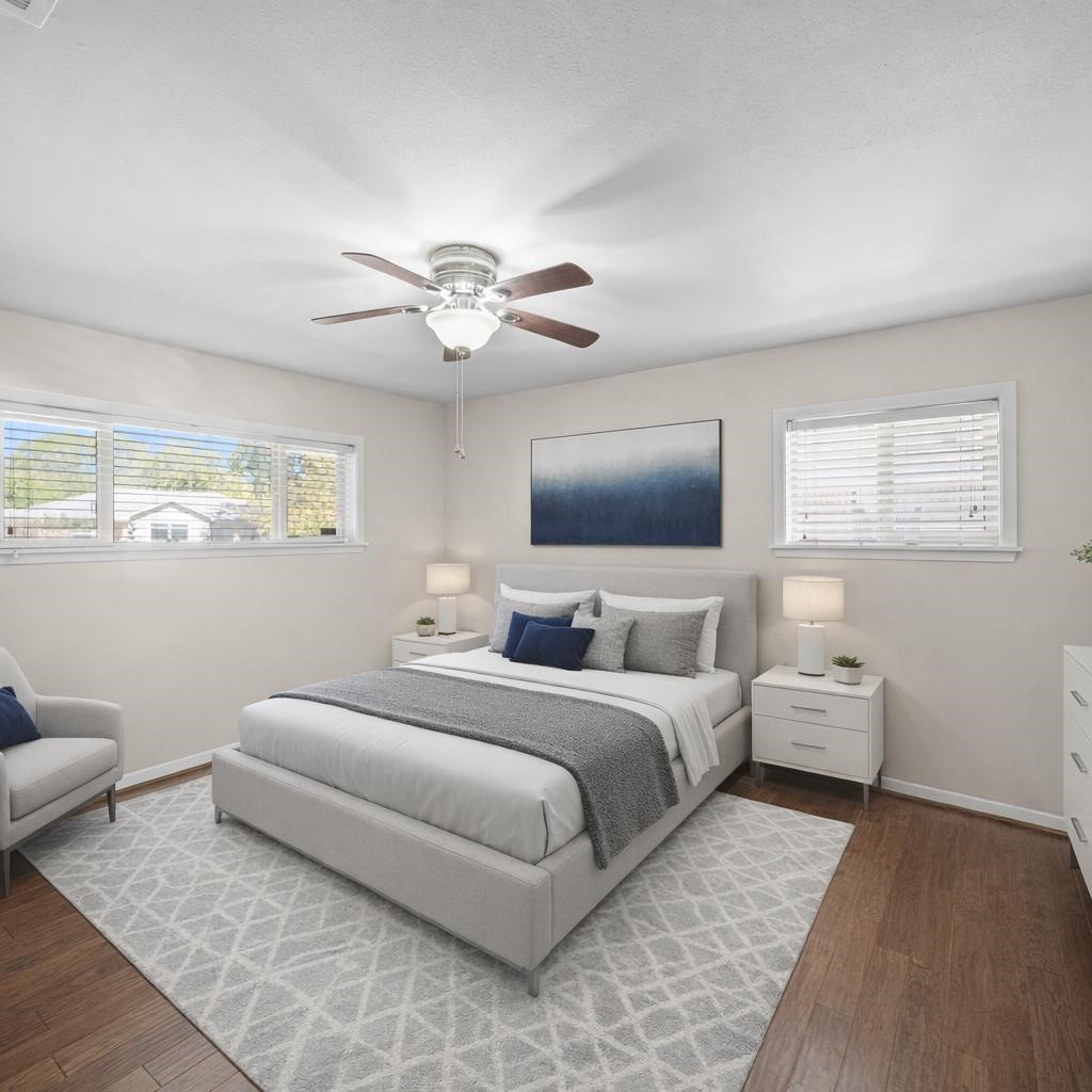 5671 Sylmar Road Houston, TX 77081 - Photo 30 of 50 a bedroom with a bed and a chandelier