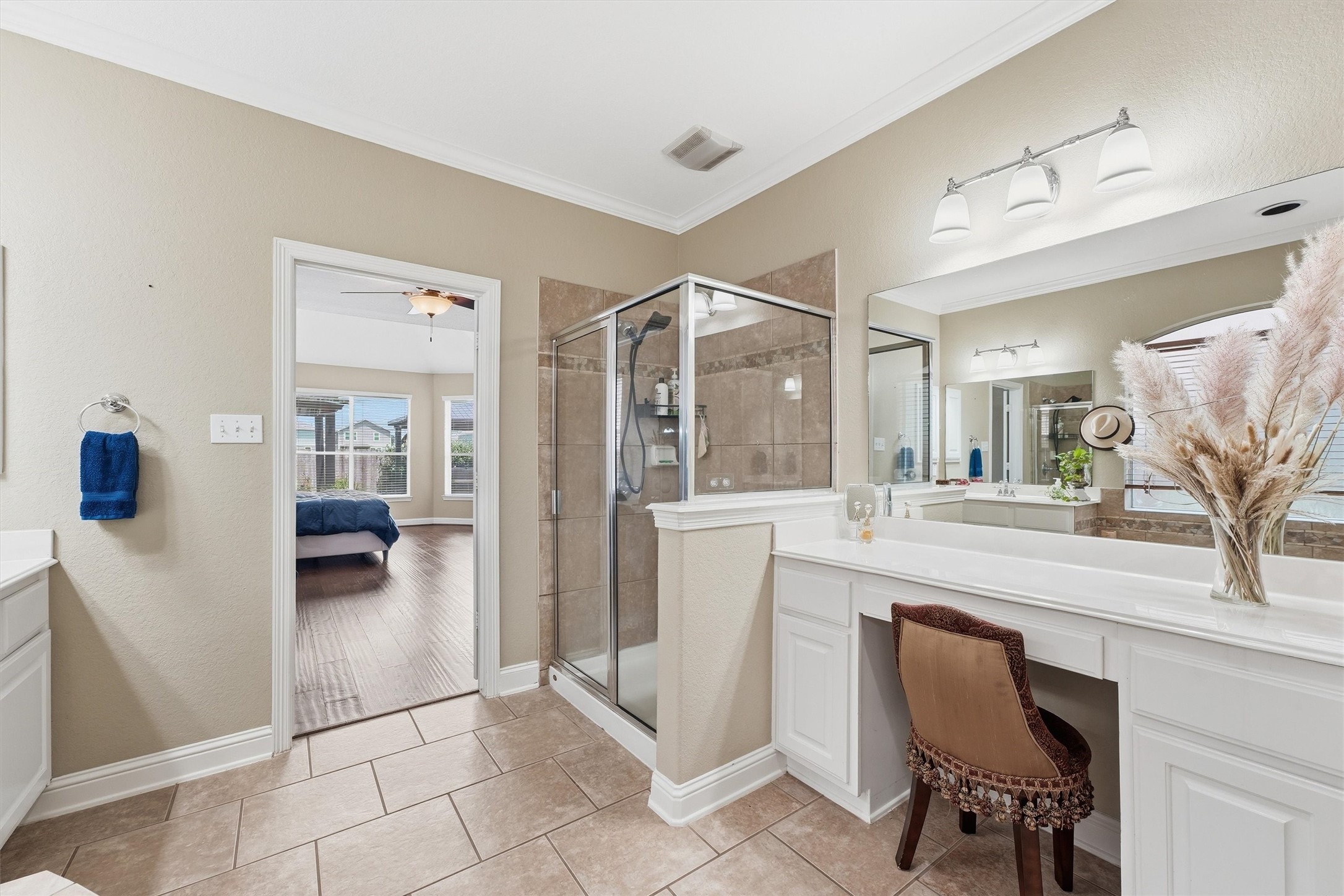 25181 Ramrock Drive Porter, TX 77365 - Photo 15 of 35 a spacious bathroom with a granite countertop sink a mirror and a shower