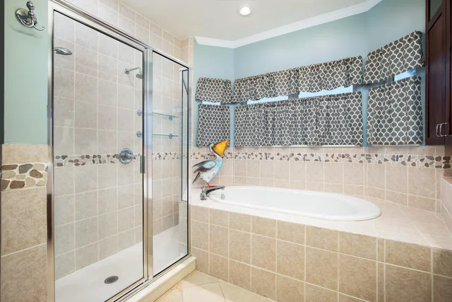 a bathroom with a bathtub and a shower