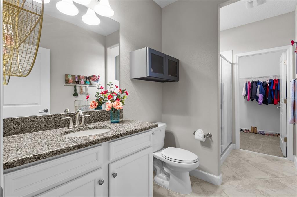 4465 Tubular Run Land O Lakes, FL 34638 - Photo 31 of 60 a bathroom with a granite countertop sink a toilet and a mirror