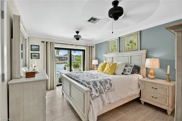 a bedroom with a bed and large windows