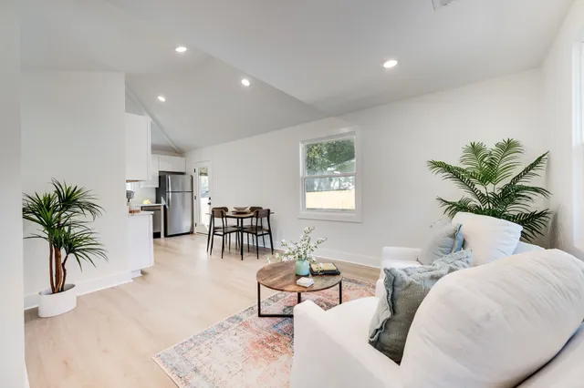a living room with furniture potted plant and a window