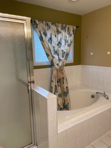 a bathroom with a bathtub and shower