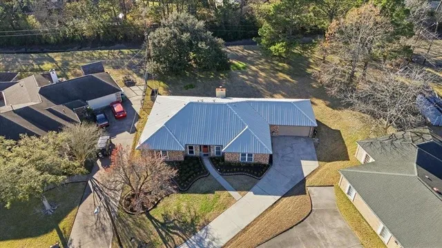 an outdoor space with furniture