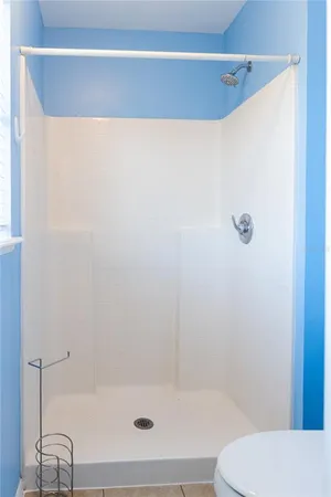 a bathroom with a shower and a toilet