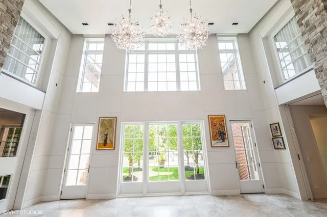 a view of a room with windows