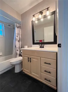 a bathroom with a sink a toilet a large mirror and shower