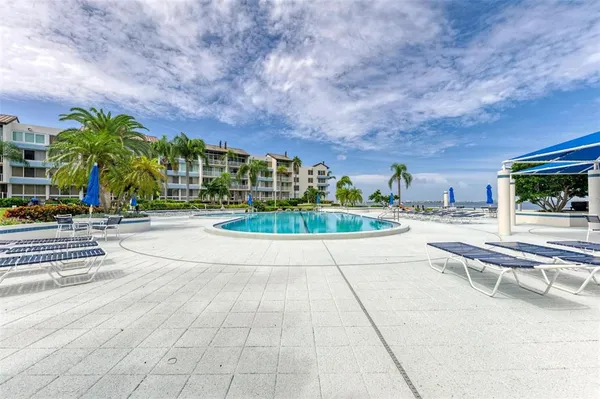 a view of a swimming pool with a lawn chairs and potted plants