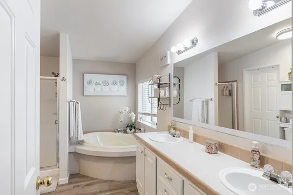a bathroom with a toilet a sink a tub and mirror