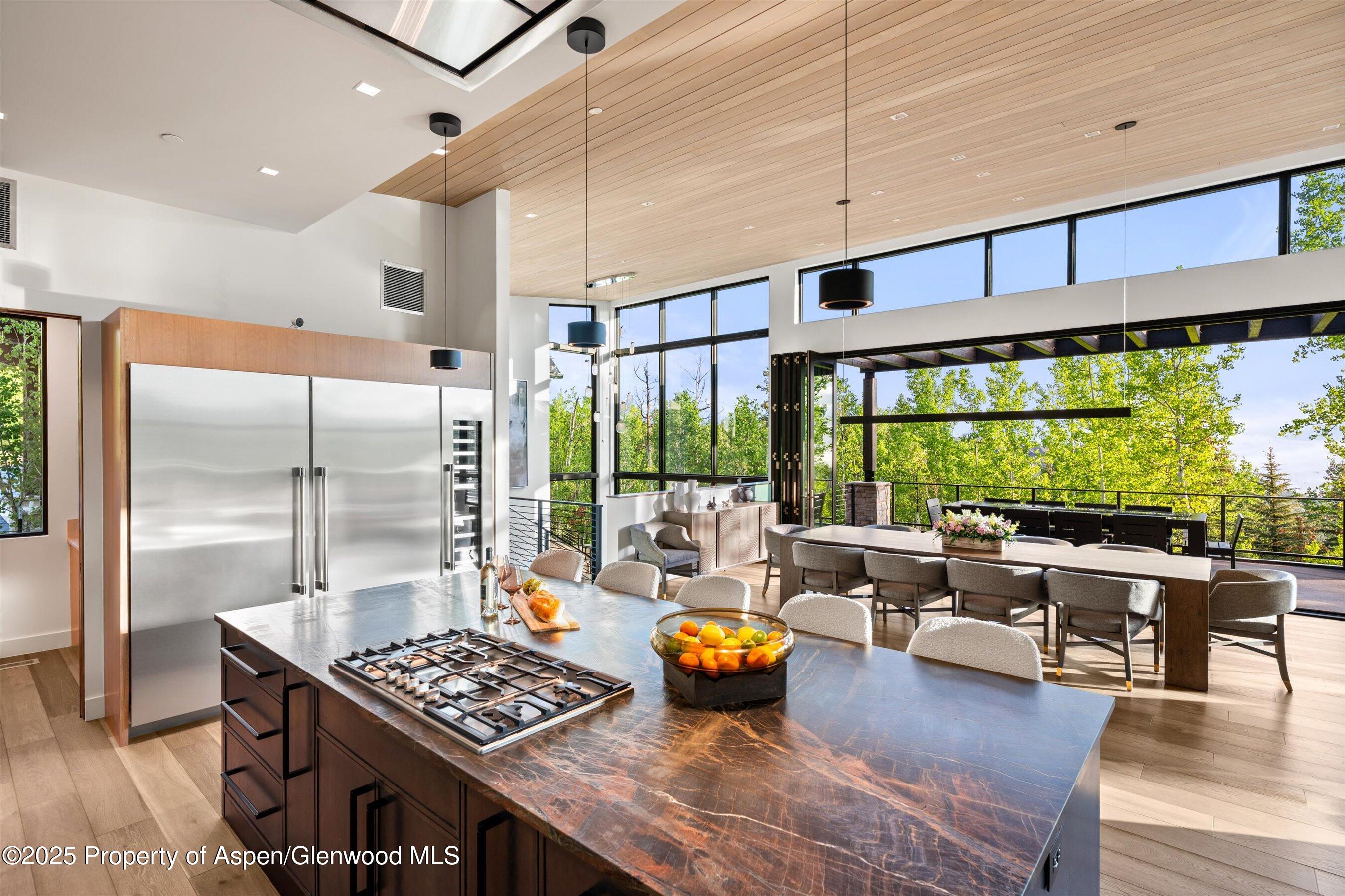1234 Wood Road Snowmass Village, CO 81615 - Photo 16 of 66 a kitchen with stainless steel appliances granite countertop a stove and a view of living room with furniture