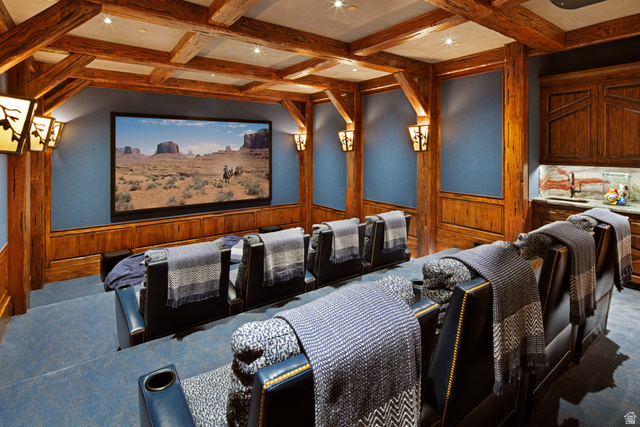 2322 North Westward Ho Road Heber City, UT 84036 - Photo 39 of 54 Carpeted cinema featuring coffered ceiling, wainscoting, and wood walls