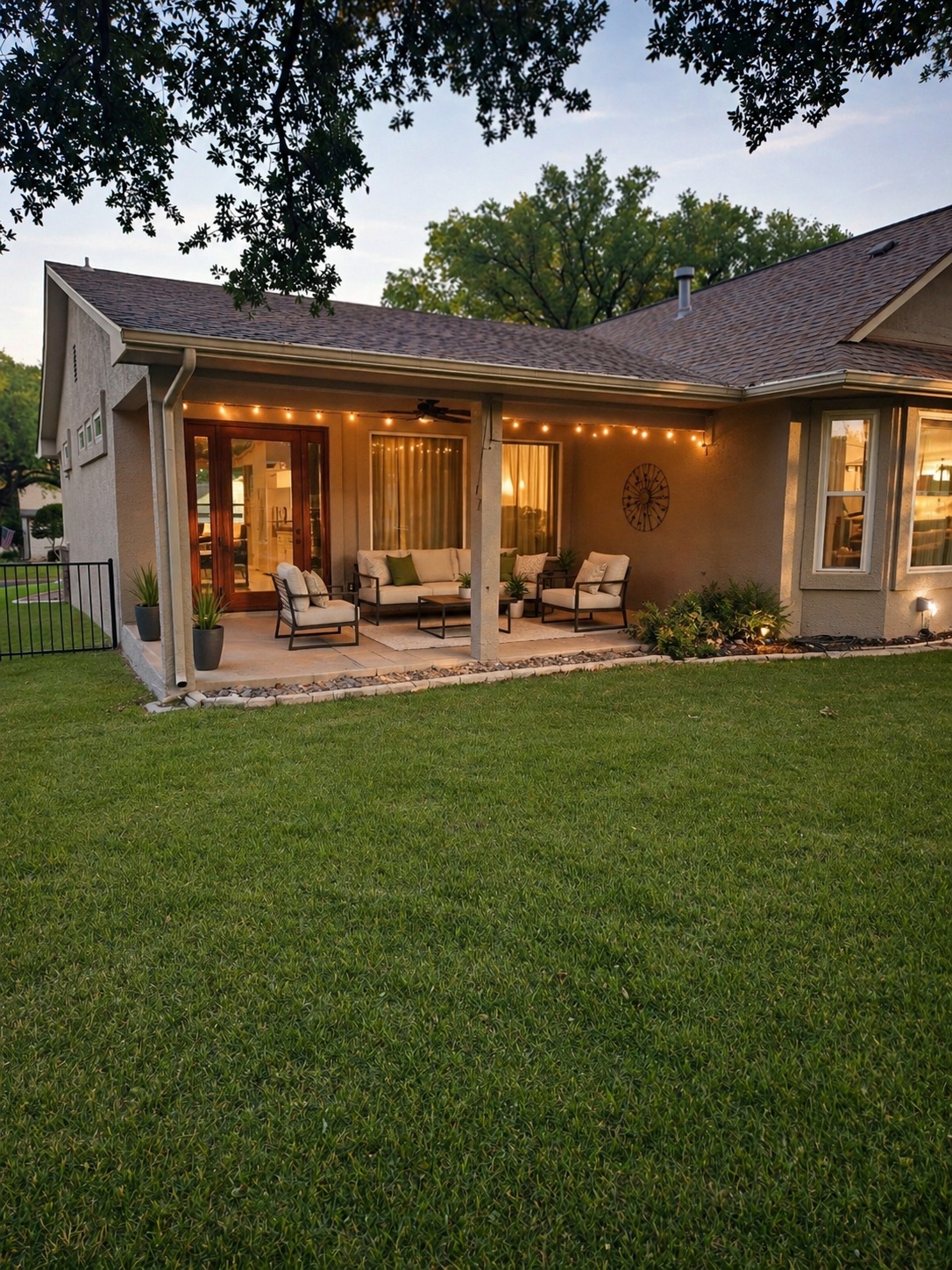 Digitally staged cell phone photo to illustrate the Inviting covered patio at 161 Dan Moody designed for comfortable outdoor living and entertaining, with views of a private fenced yard ideal for pets, play, or gatherings