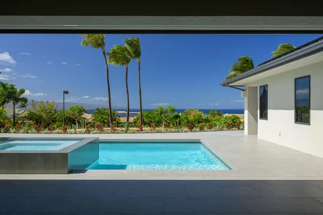 a view of a house with a yard and potted plants