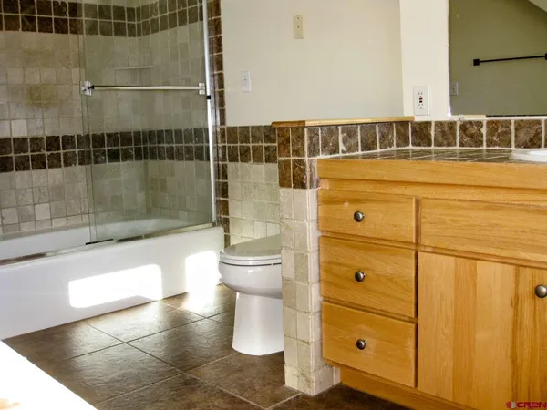 a bathroom with a shower and toilet