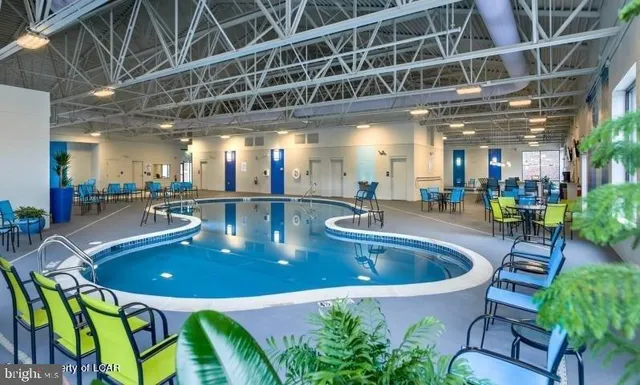 a view of swimming pool with lawn chairs and large tree