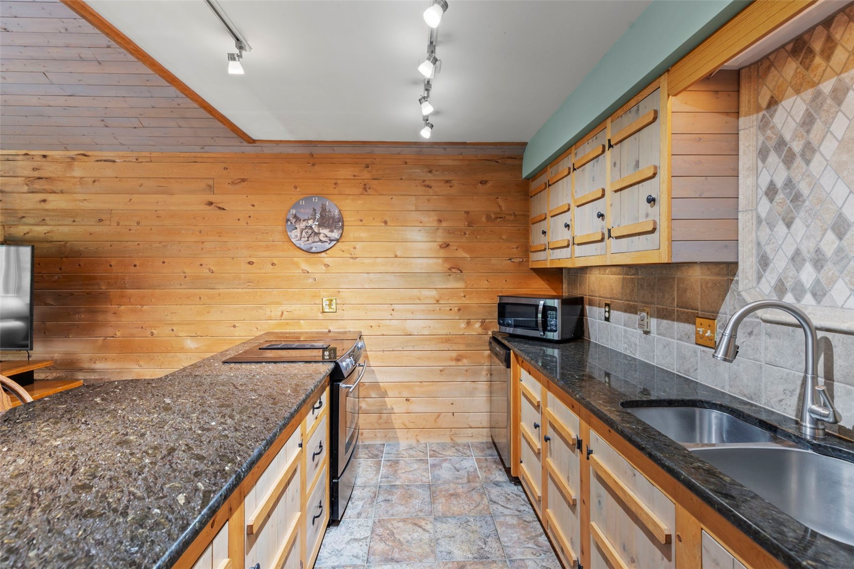 1516 Blue Ridge Road Silverthorne, CO 80498 - Photo 15 of 50 Kitchen with stainless steel appliances, wood walls, tasteful backsplash, light stone finish floors, and dark stone countertops