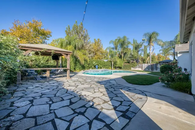 a view of a yard with plants and a fountain