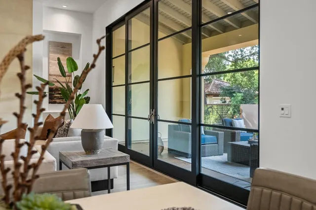 a living room with a couch and a potted plant
